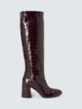 Stuart Weitzman Flareblock 85 Leather Croc Embossed Knee High Boots, Plum