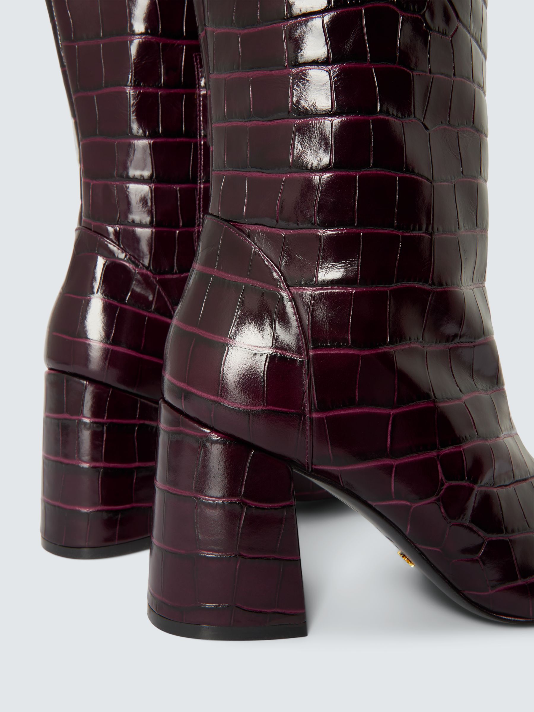 Stuart Weitzman Flareblock 85 Leather Croc Embossed Knee High Boots, Plum, 4