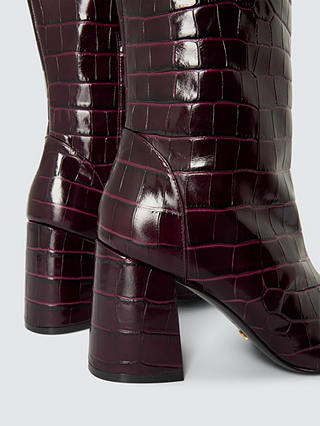 Stuart Weitzman Flareblock 85 Leather Croc Embossed Knee High Boots, Plum