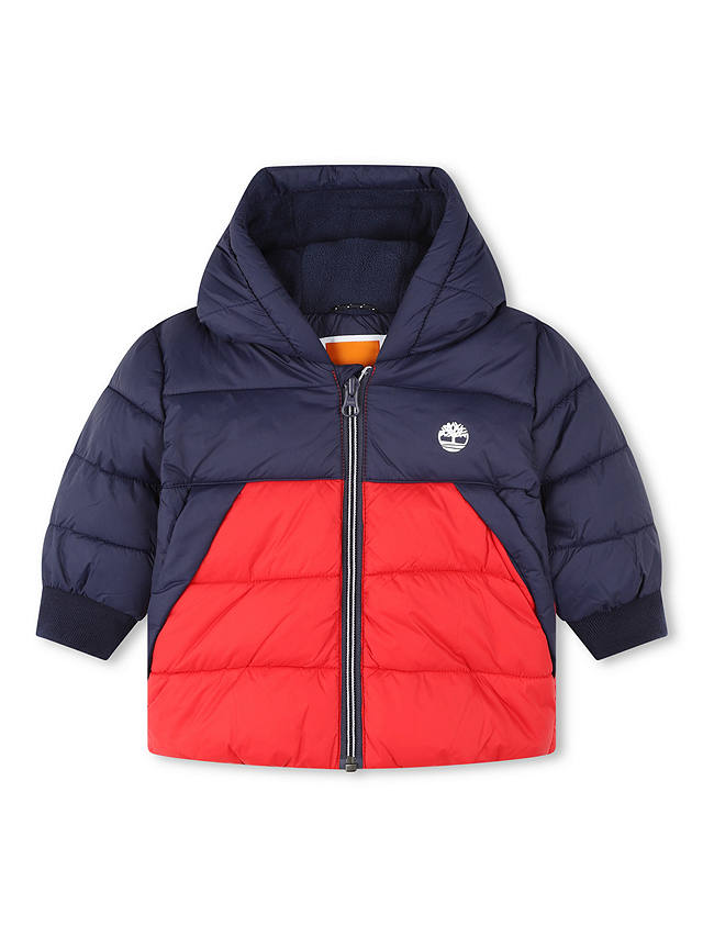 Timberland Baby Logo Hooded Puffer Jacket, Navy/Red