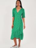 Monsoon Hattie Spot Print Wrap Front Midi Dress, Green