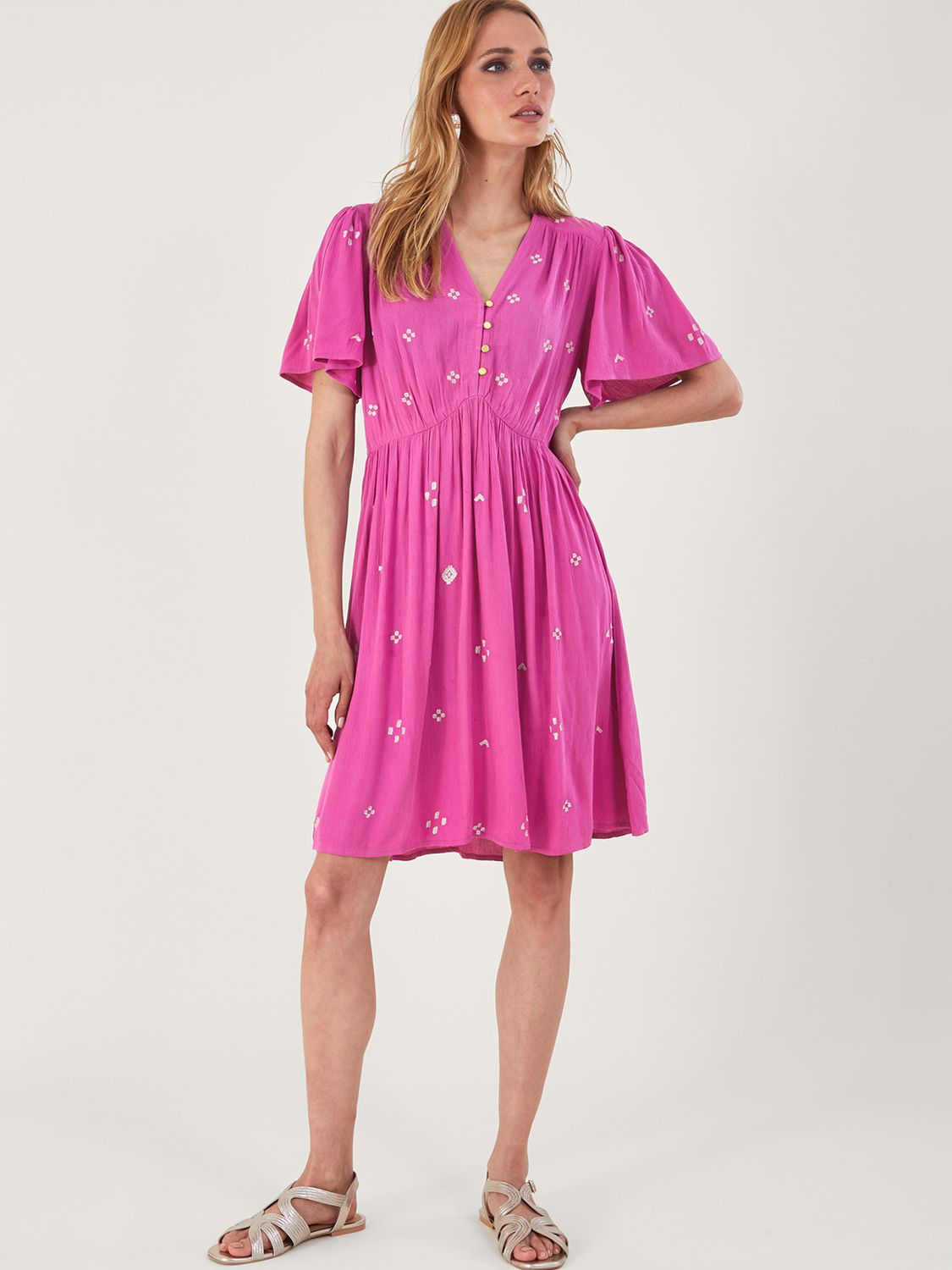 Monsoon Embroidered Crinkle Fabric Dress, Pink