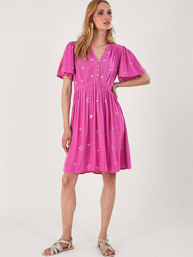 Monsoon Embroidered Crinkle Fabric Dress, Pink at John Lewis & Partners