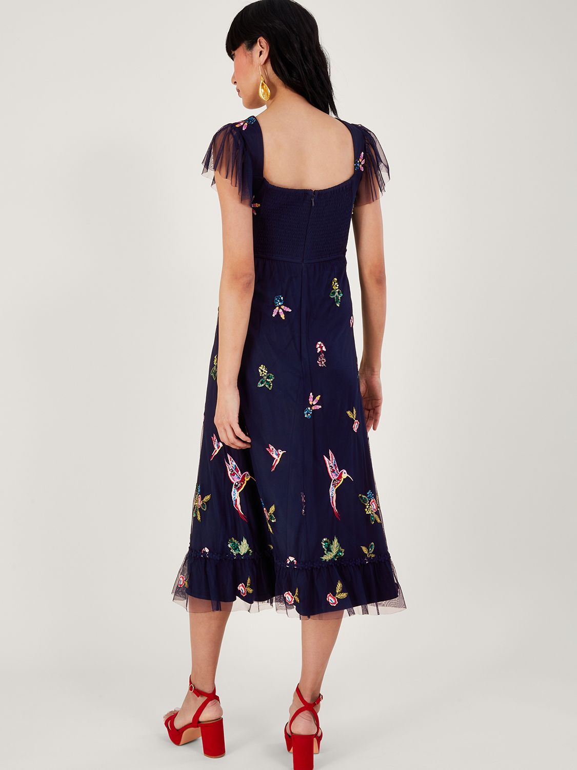 Monsoon Helena Embellished Midi Tea Dress, Navy at John Lewis & Partners