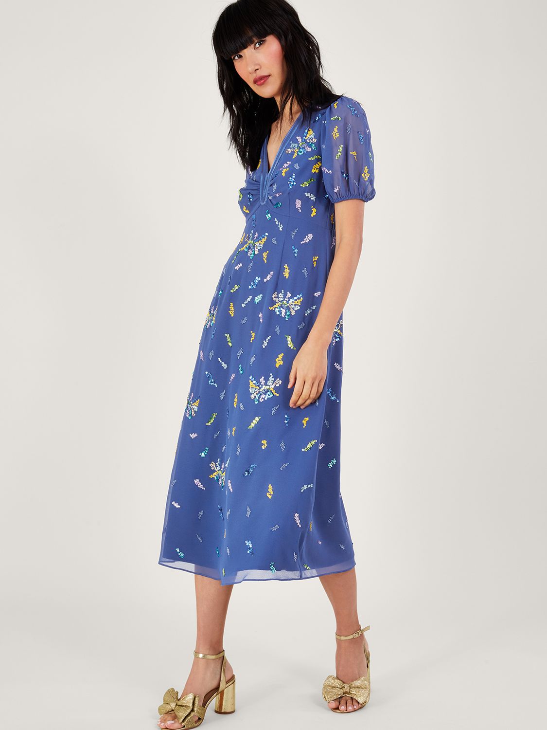 Monsoon Zena Sequin Tea Dress, Blue/Multi
