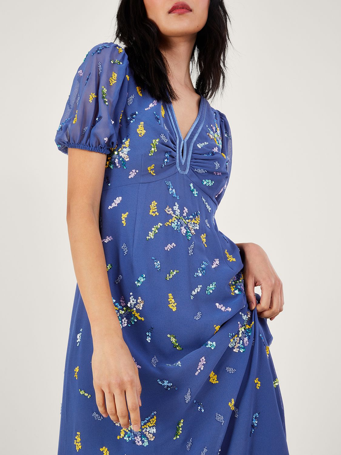 Monsoon Zena Sequin Tea Dress, Blue/Multi at John Lewis & Partners