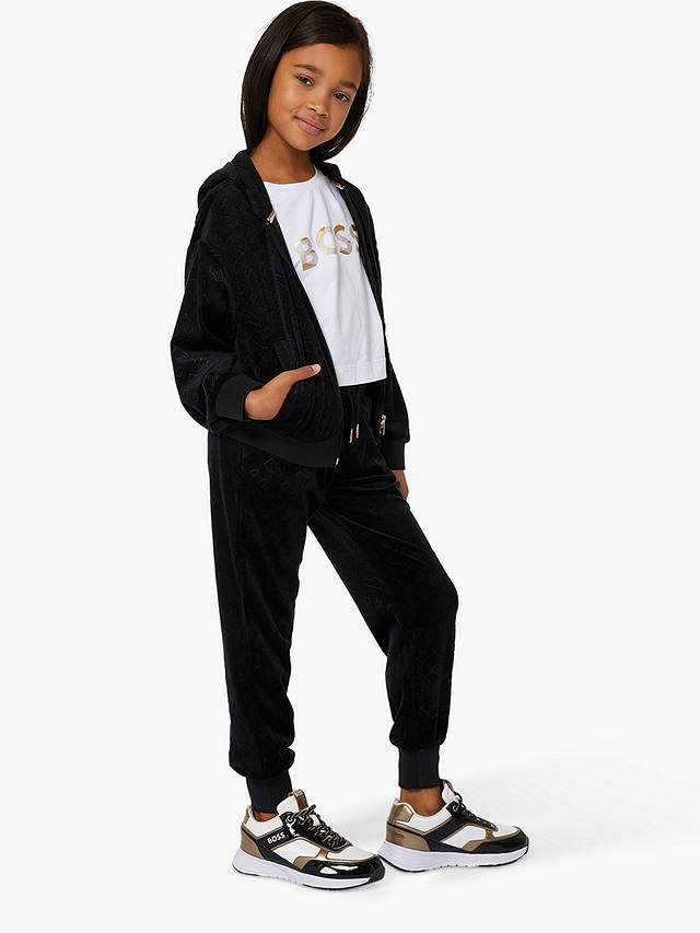 BOSS Kids' Embossed 'B' Logo Velvet Hooded Cardigan, Black