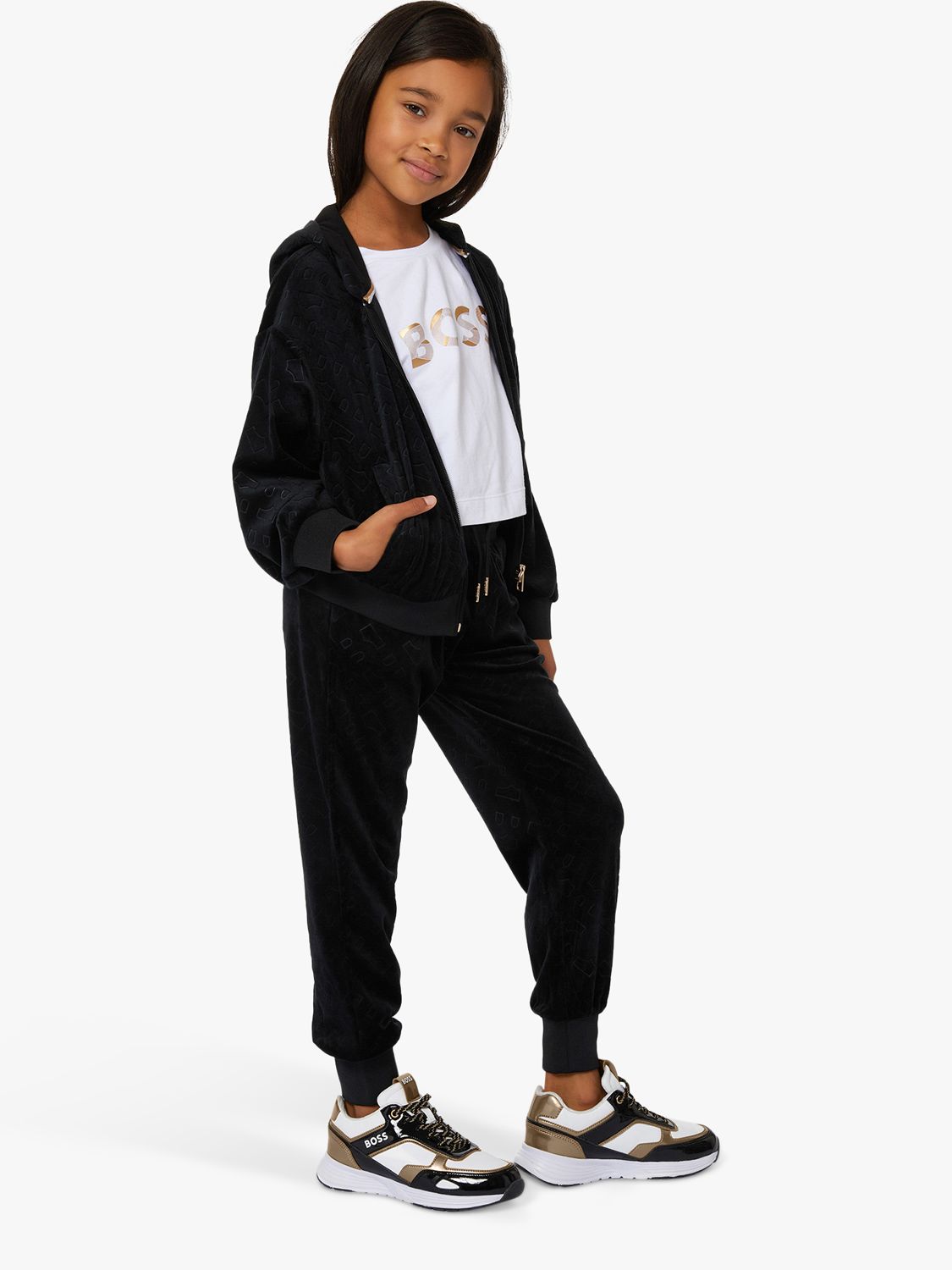 BOSS Kids' Embossed 'B' Logo Velvet Trousers, Black, 4 years