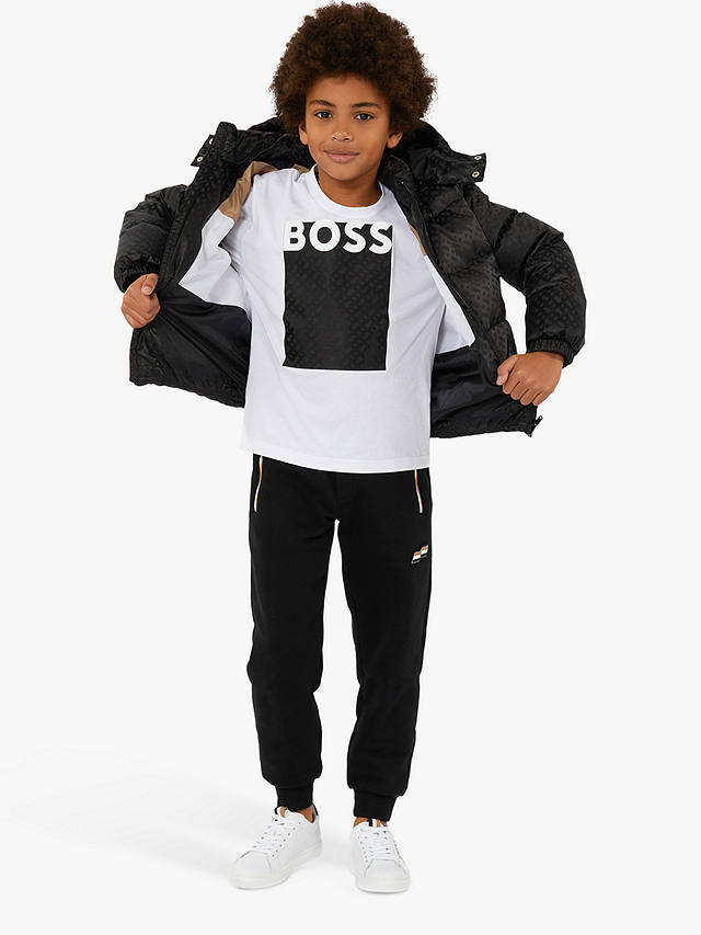 BOSS Kids' Jacquard Monogram Puffer Jacket, Black at John Lewis & Partners