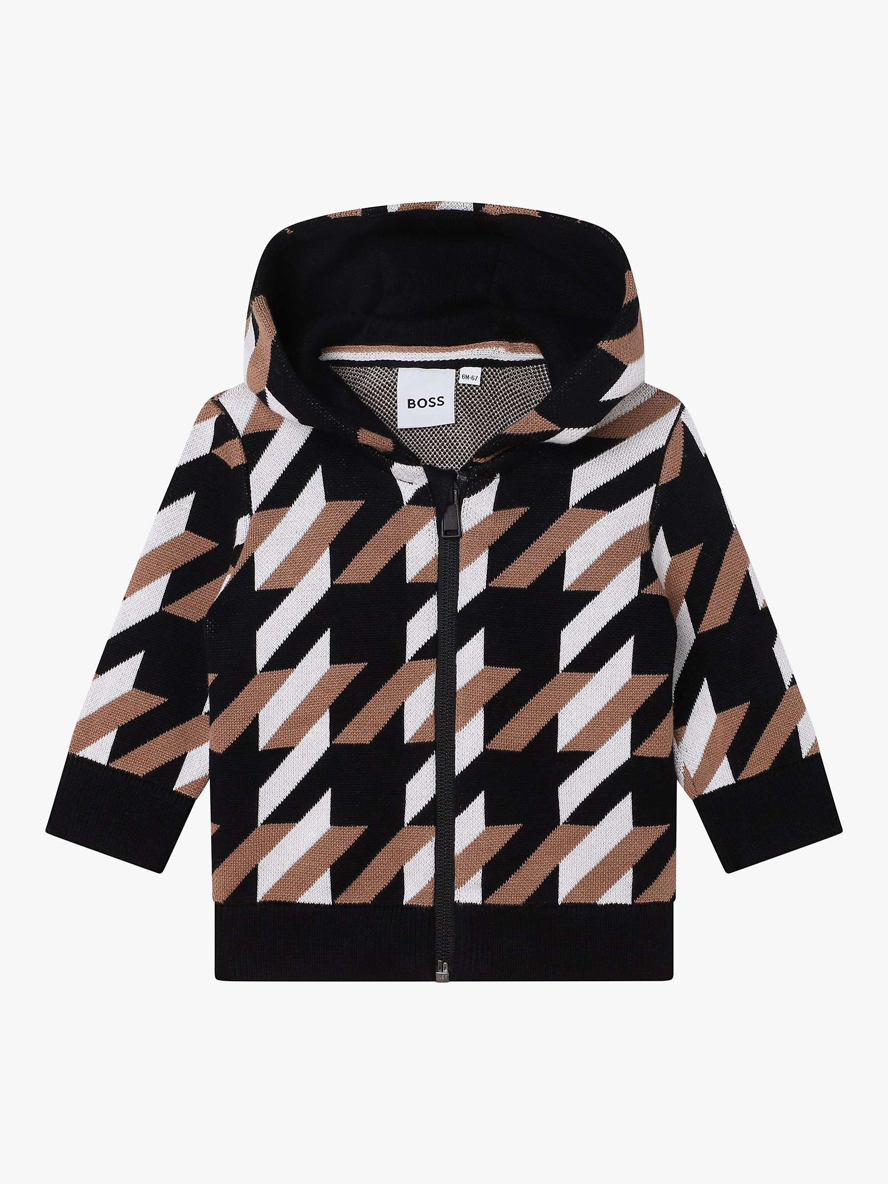 Buy Boss Baby Cotton Knit Jacquard Monogram Zip Through Hooded Cardigan, Chocolate Brown Online at johnlewis.com