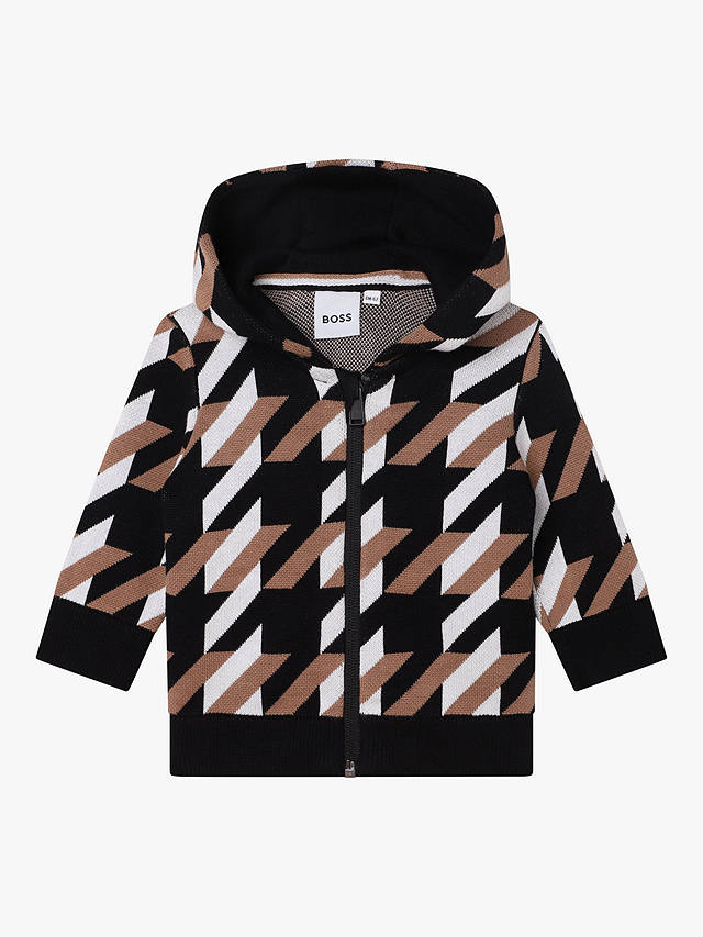 Boss Baby Cotton Knit Jacquard Monogram Zip Through Hooded Cardigan, Chocolate Brown