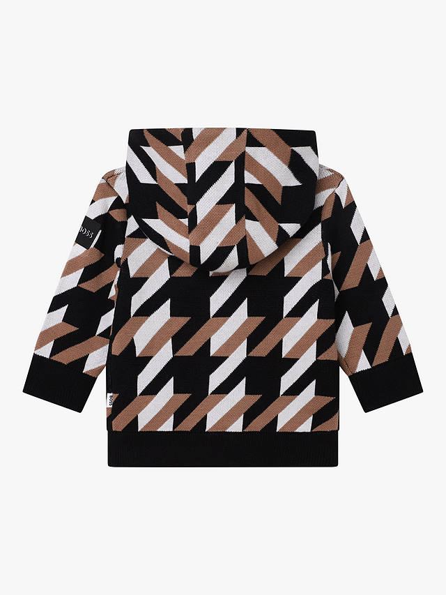 Boss Baby Cotton Knit Jacquard Monogram Zip Through Hooded Cardigan, Chocolate Brown