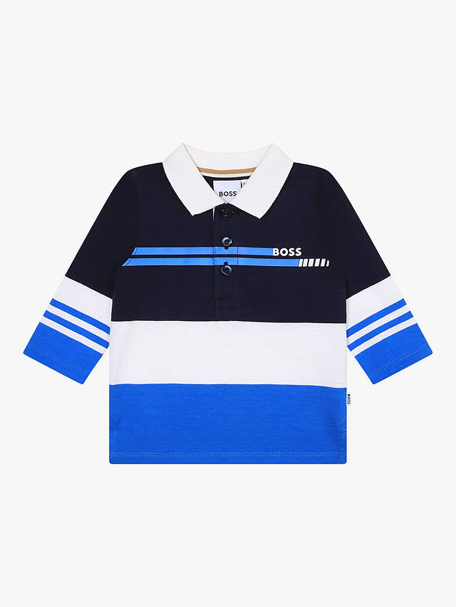 BOSS Baby Logo Colour Block Stripe Long Sleeve Polo Shirt, Navy/Multi