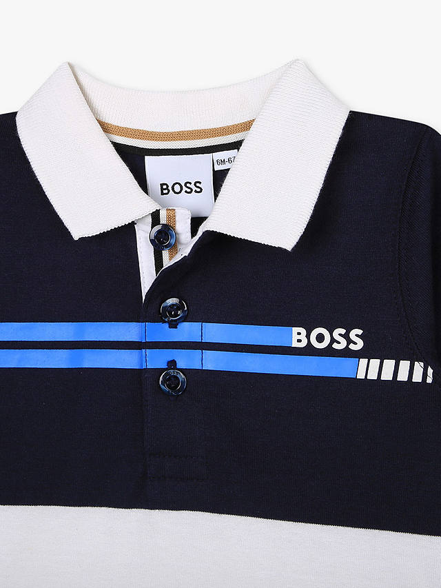 BOSS Baby Logo Colour Block Stripe Long Sleeve Polo Shirt, Navy/Multi