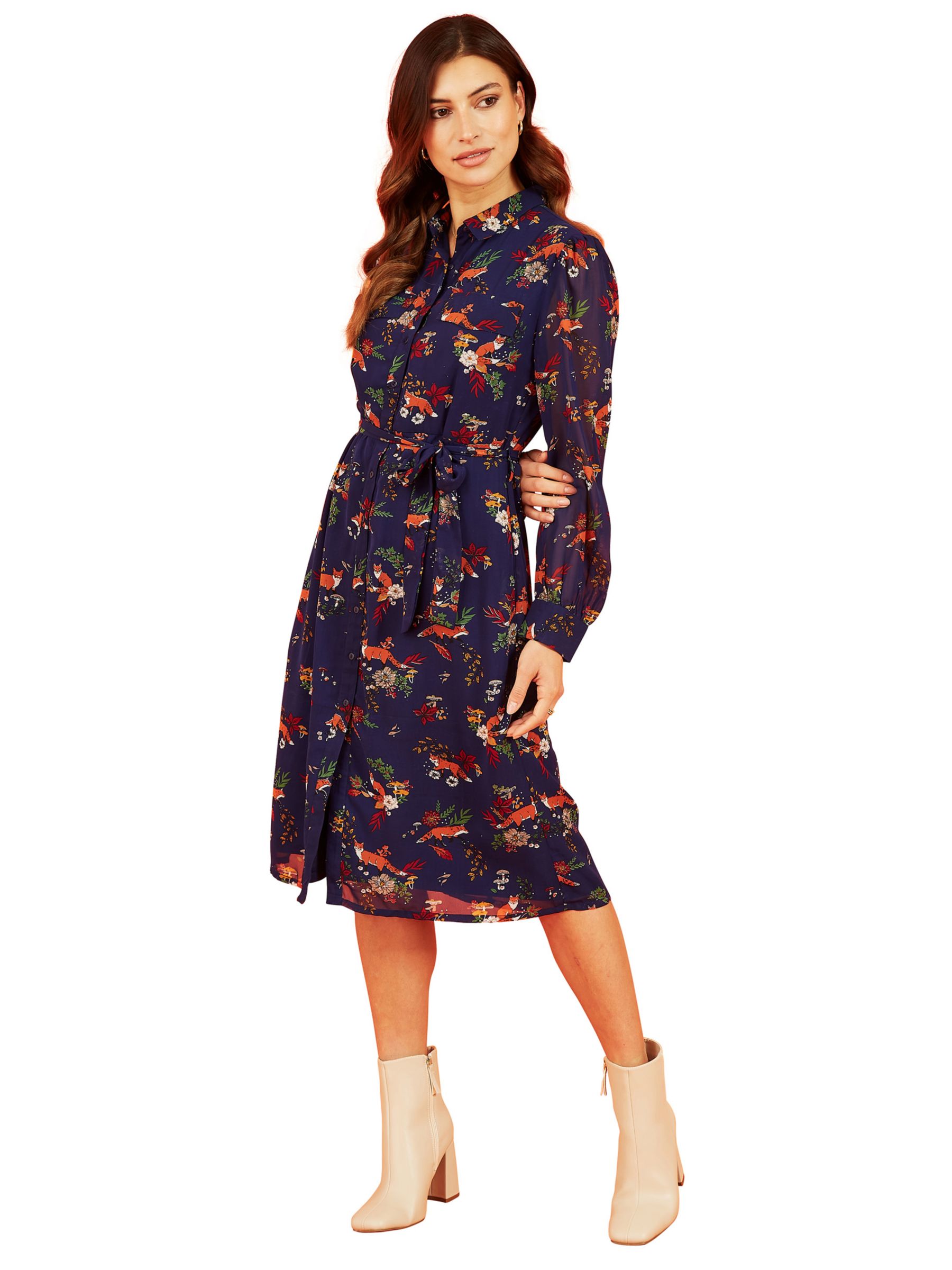 Yumi Fox Print Shirt Dress, Navy at John Lewis & Partners