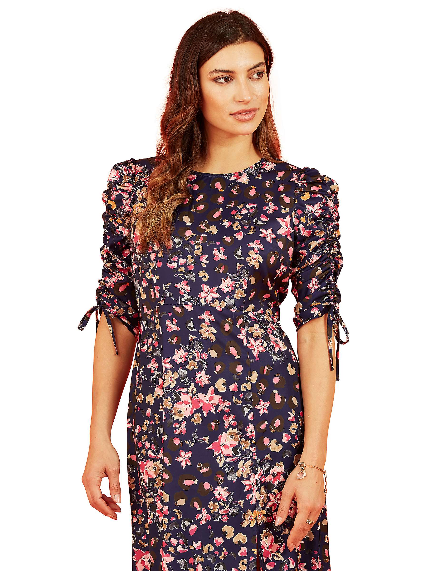 Buy Yumi Floral Print Ruched Midi Dress, Navy Online at johnlewis.com