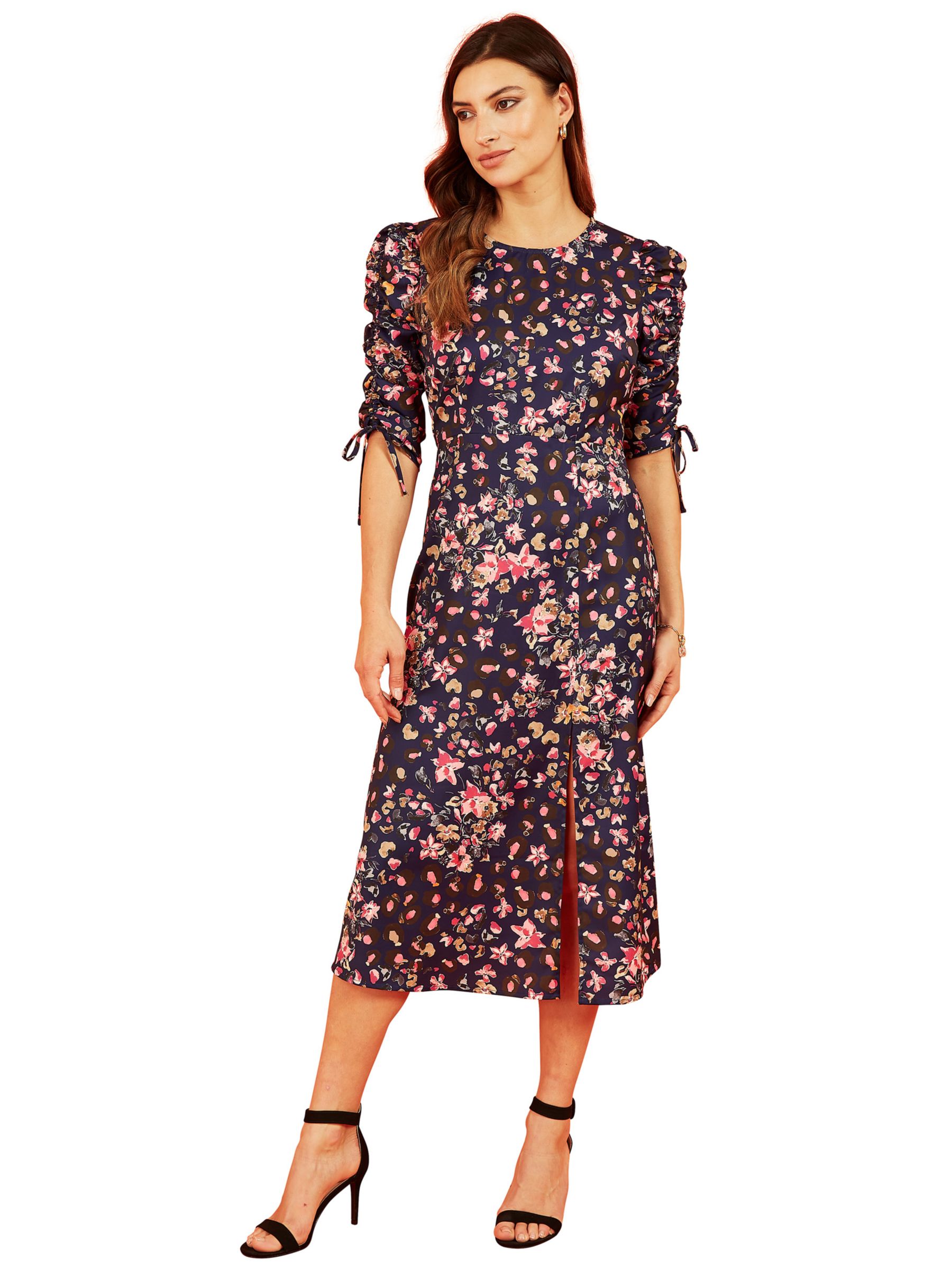 Yumi Floral Print Ruched Midi Dress, Navy at John Lewis & Partners