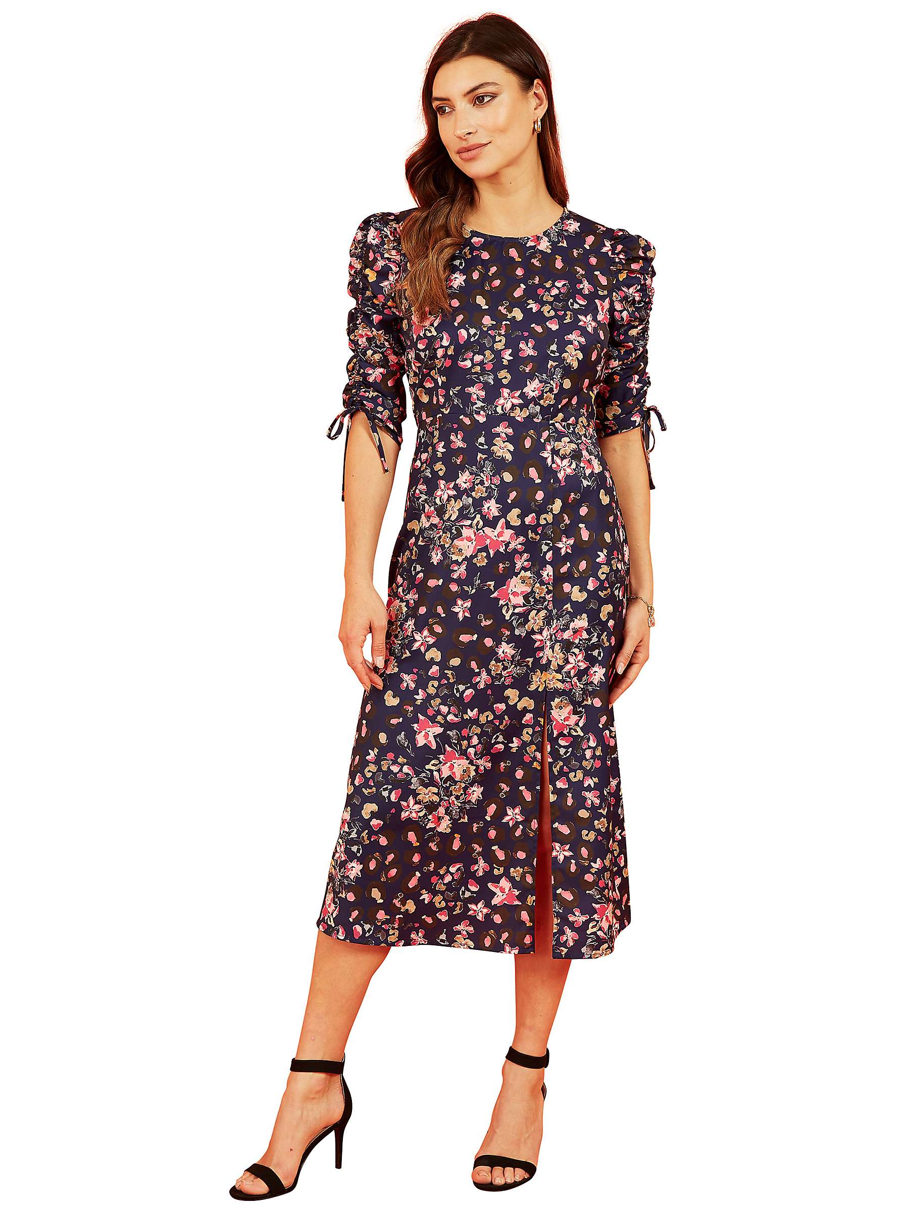 Buy Yumi Floral Print Ruched Midi Dress, Navy Online at johnlewis.com