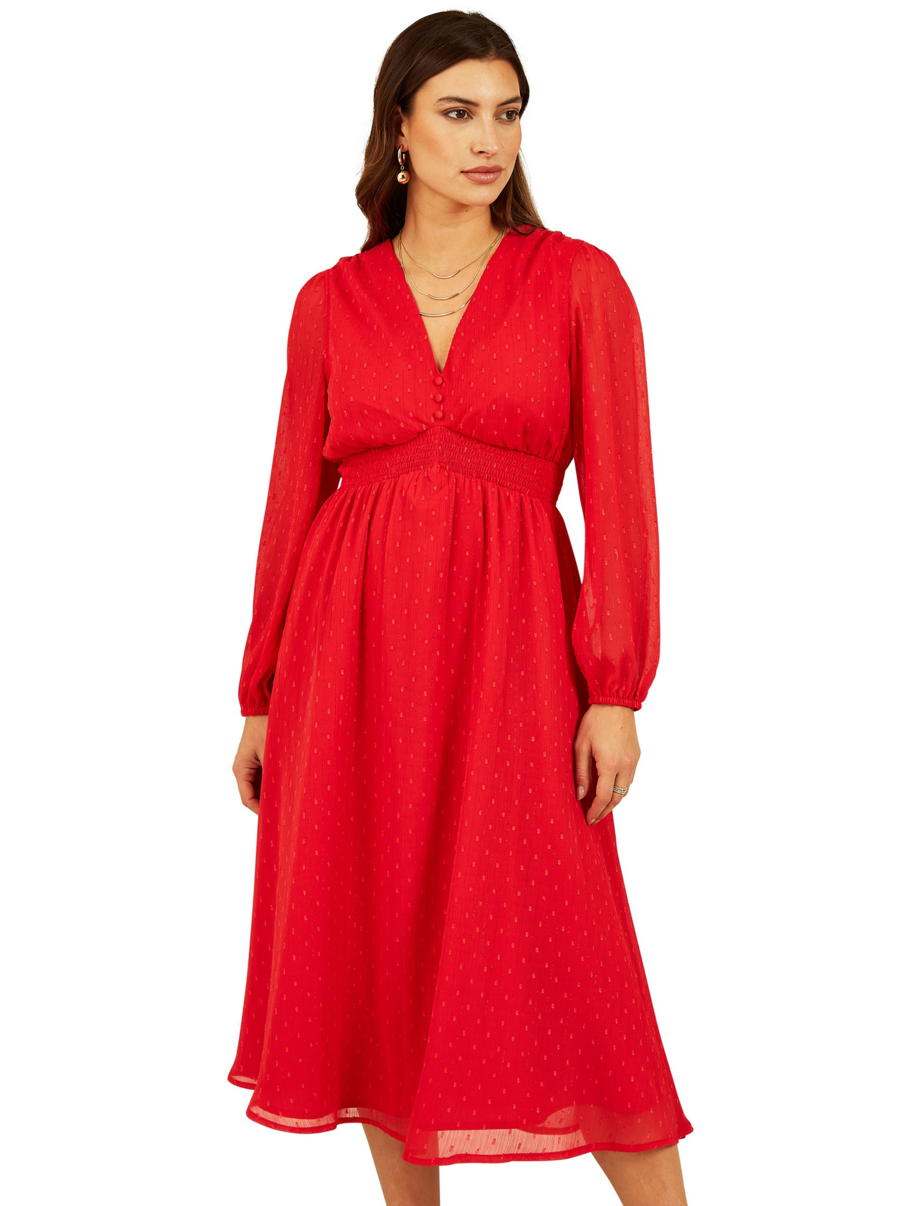 Yumi Metallic Dobby Long Sleeve Midi Dress, Red