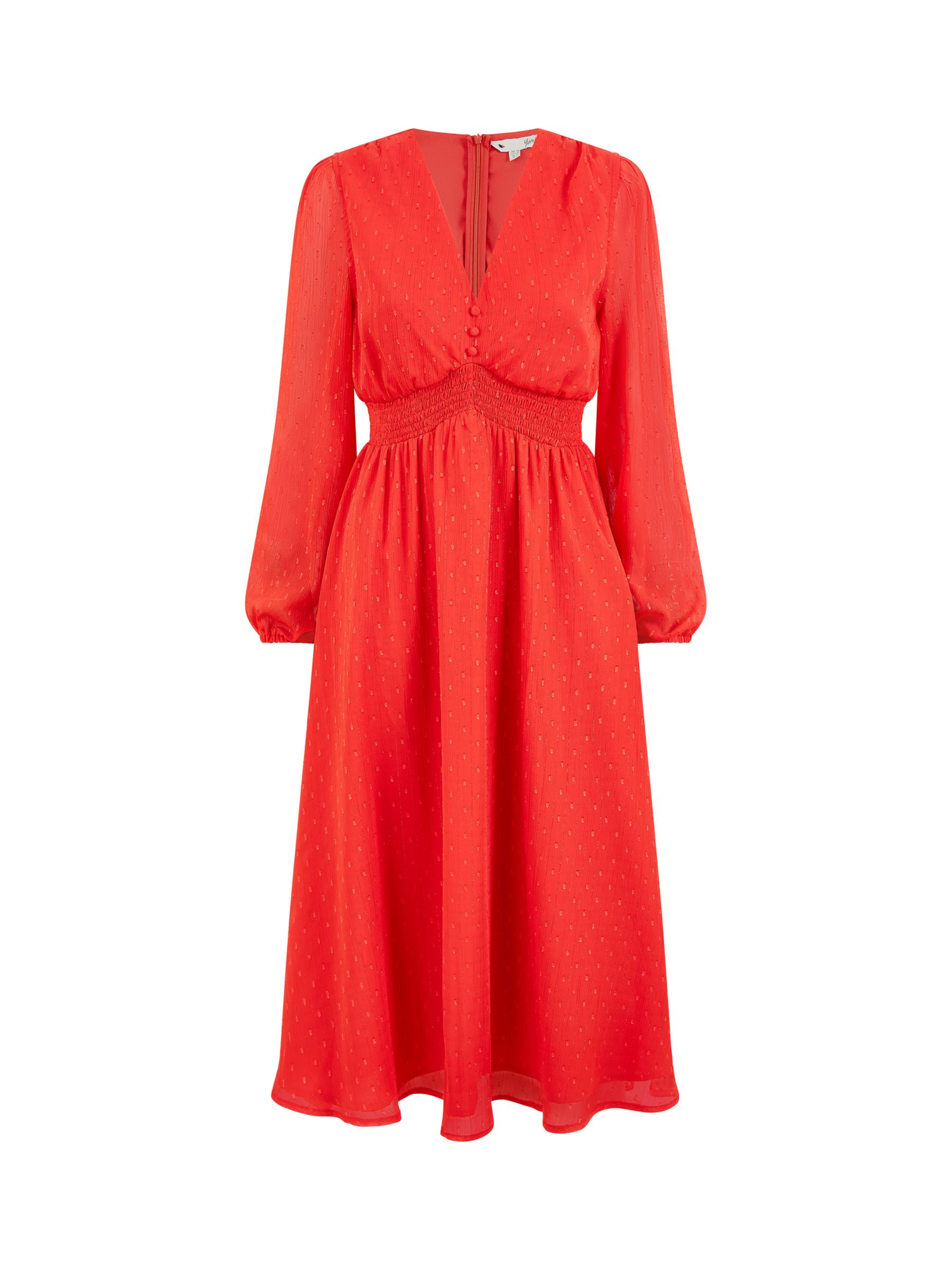 Yumi Metallic Dobby Long Sleeve Midi Dress, Red at John Lewis & Partners