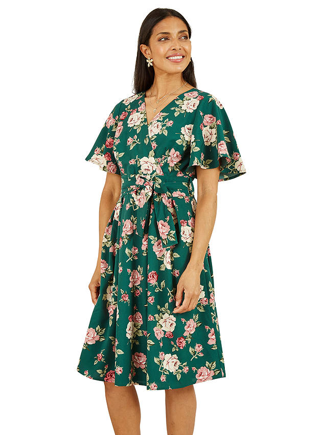 Mela London Floral Wrap Angel Sleeve Dress, Green/Multi