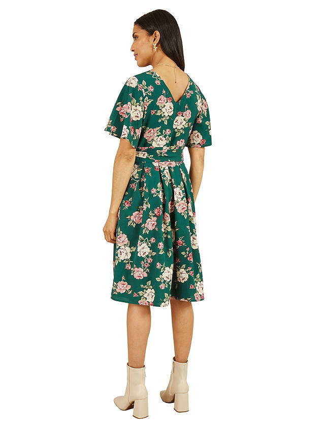 Mela London Floral Wrap Angel Sleeve Dress, Green/Multi