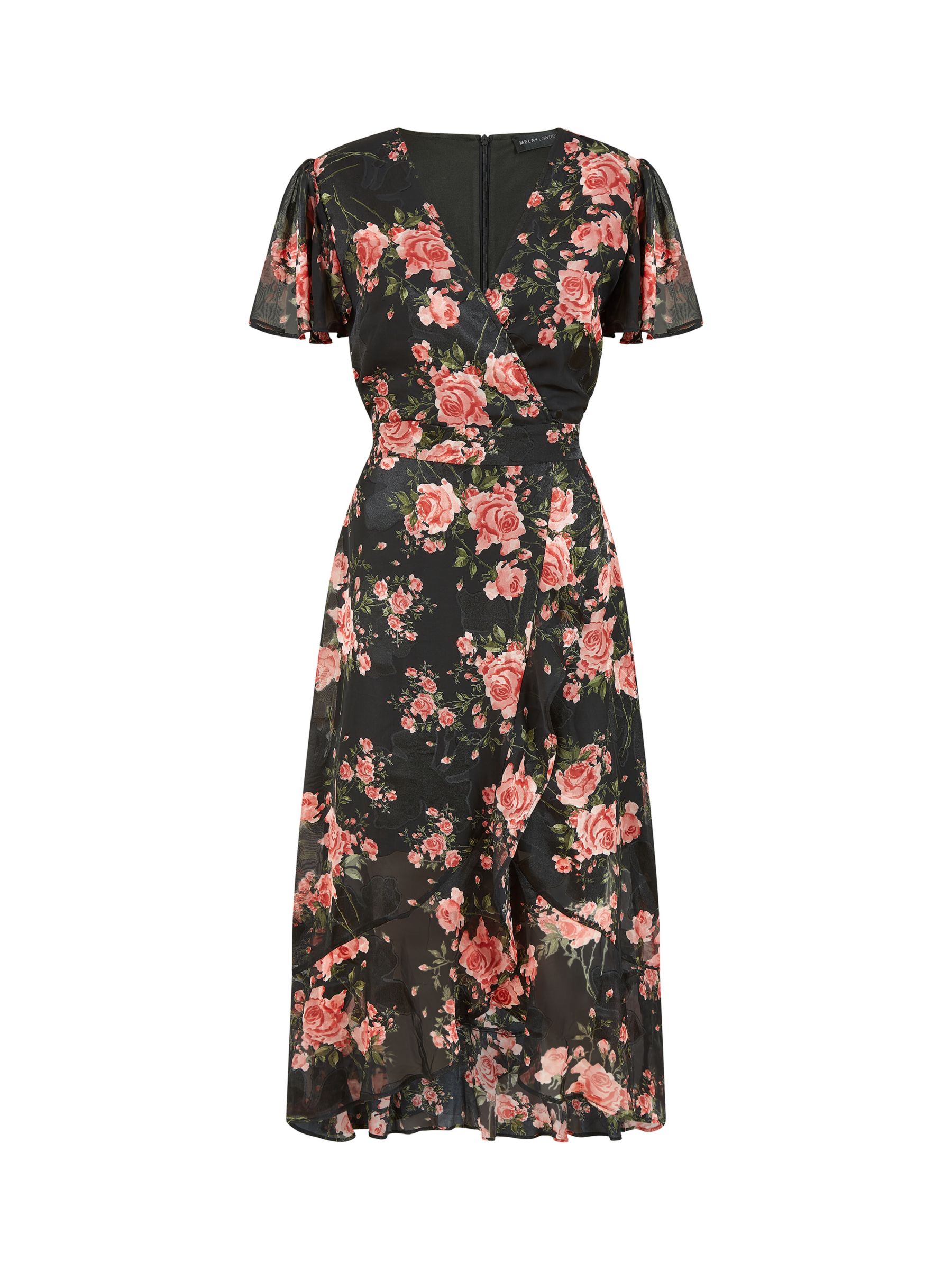 Mela London Rose Print Midi Dress, Black at John Lewis & Partners