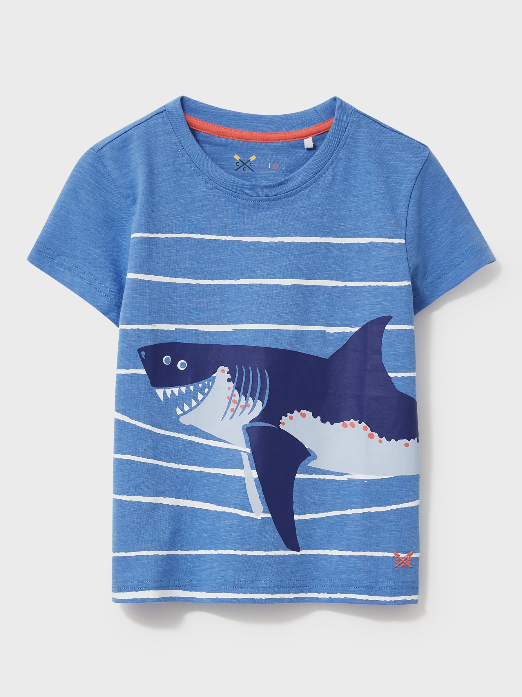 Crew Clothing Kids' Breakout Breton Stripe Shark T-Shirt, Mid Blue at ...