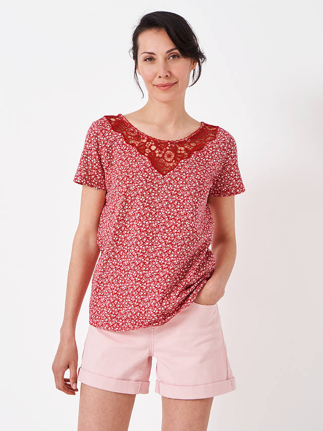 Crew Clothing Iona Floral Top, Berry Red