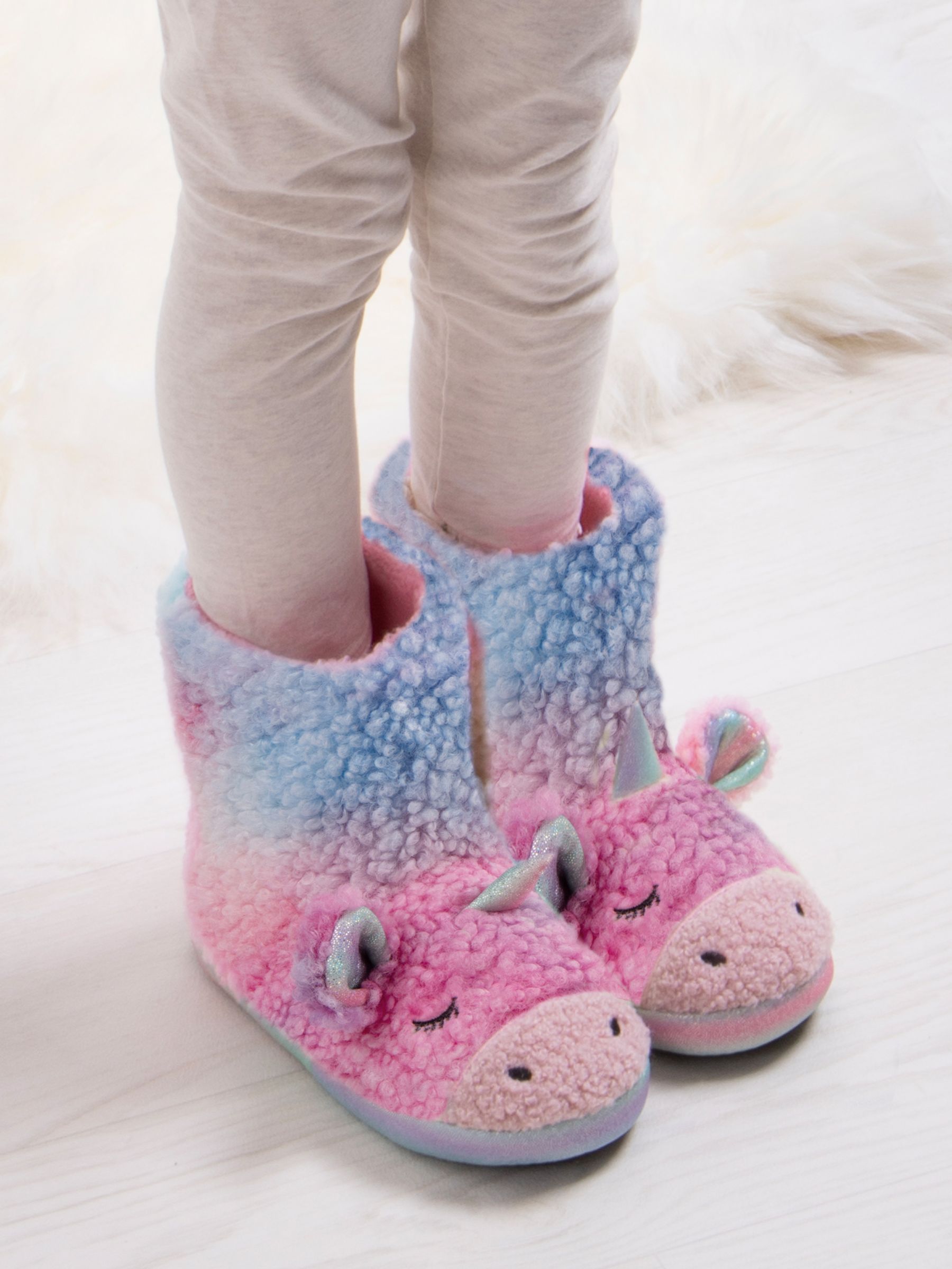 totes Kids' 3D Unicorn Boot Style Slippers, Pink/Blue at John
