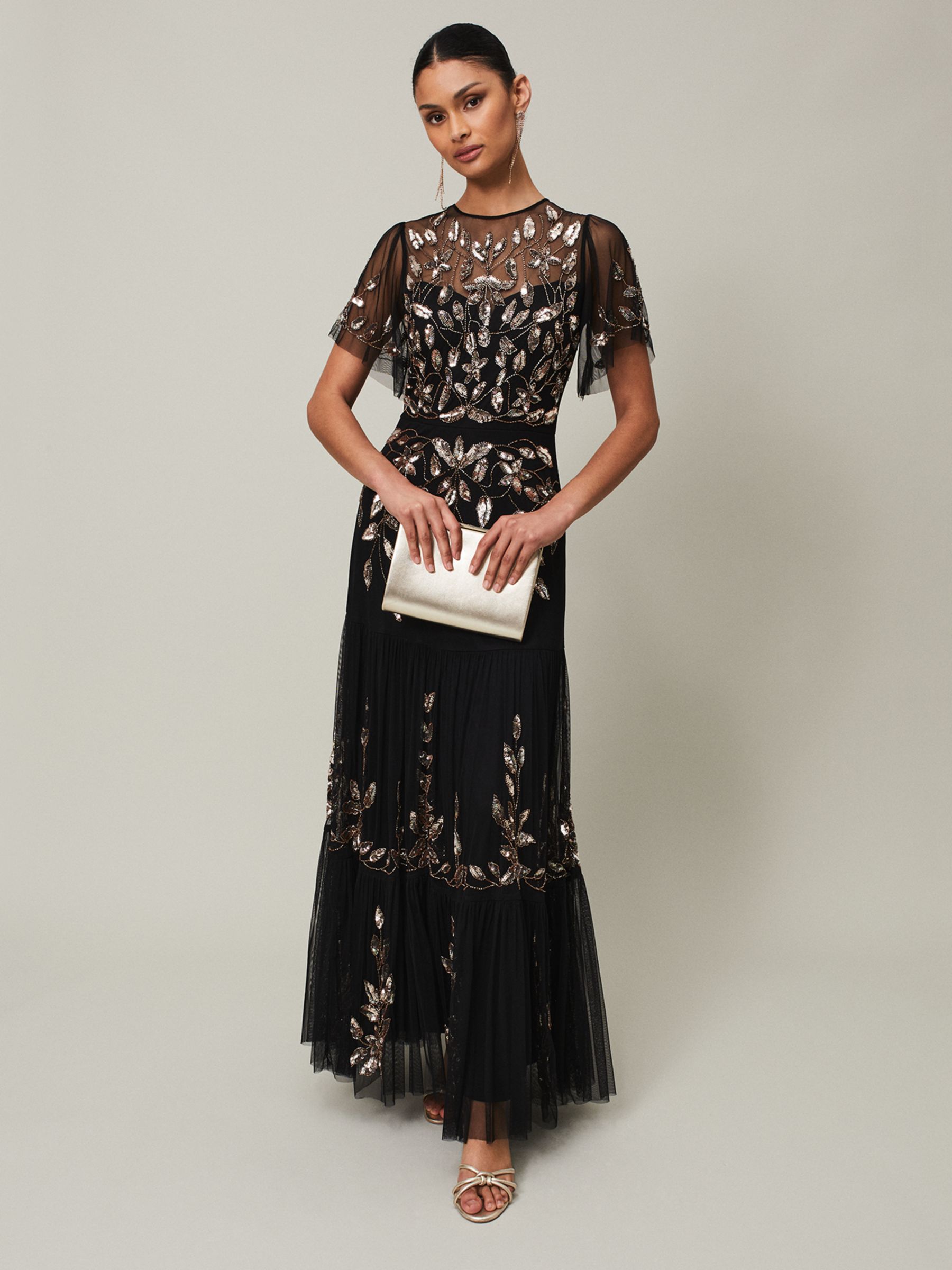 Phase Eight Hilary Leaf Embellished Maxi Dress, Black/Bronze, 26