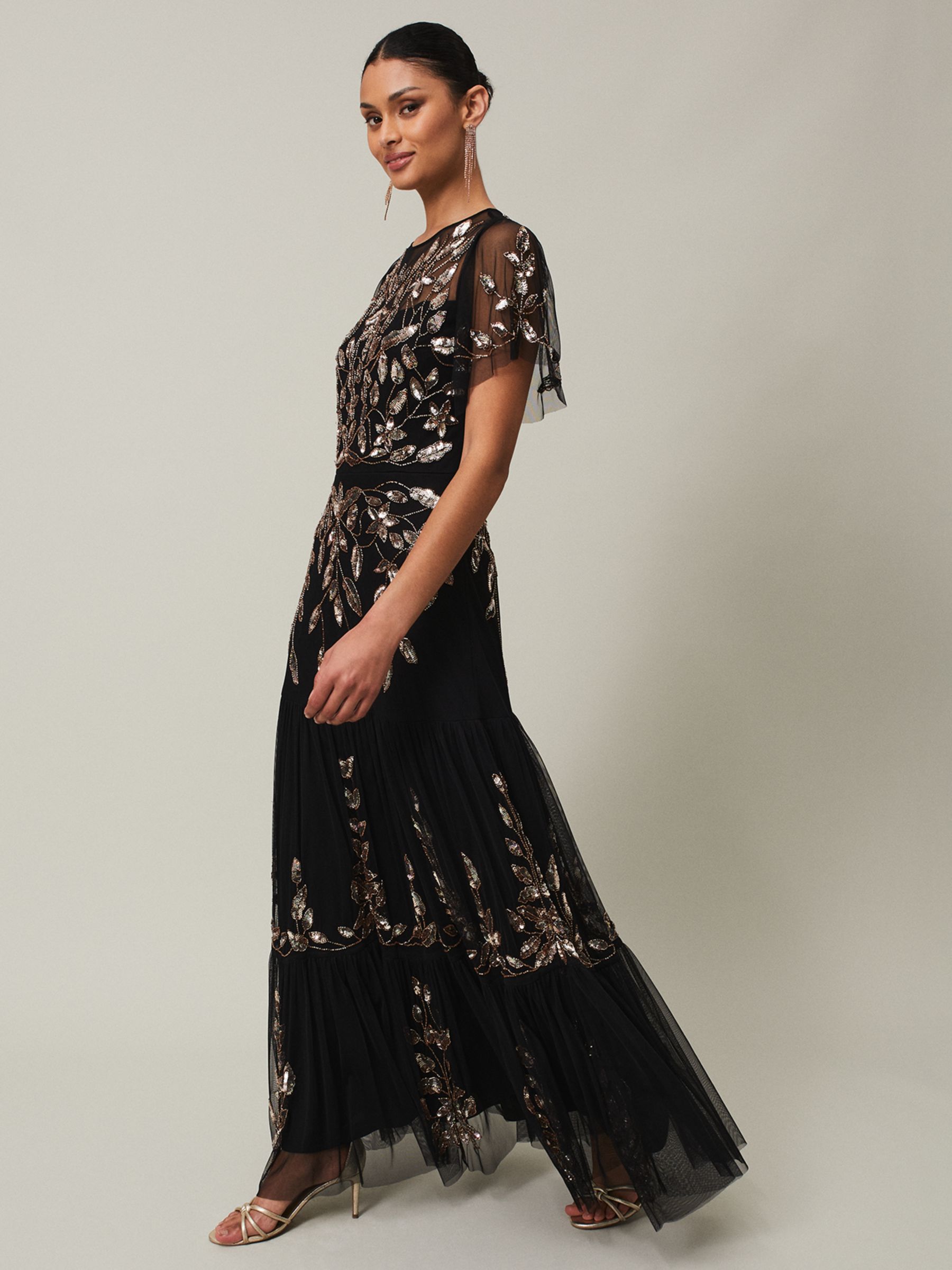 Phase Eight Hilary Leaf Embellished Maxi Dress, Black/Bronze, 26