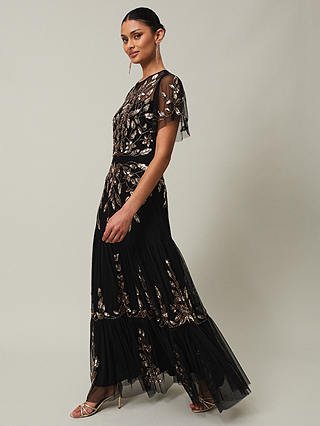 Phase Eight Hilary Leaf Embellished Maxi Dress, Black/Bronze