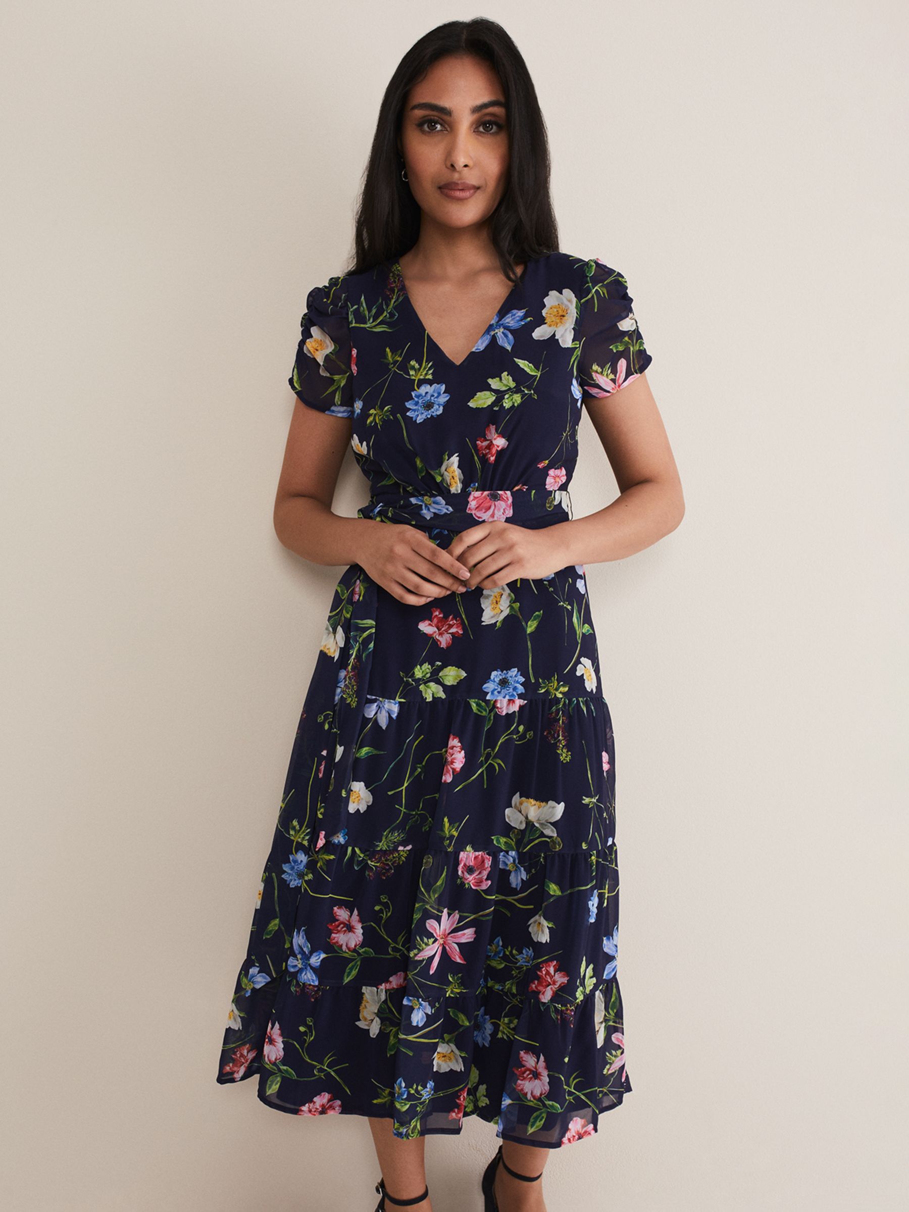 Phase Eight Petite Lola Floral Print Midi Dress, Navy/Multi