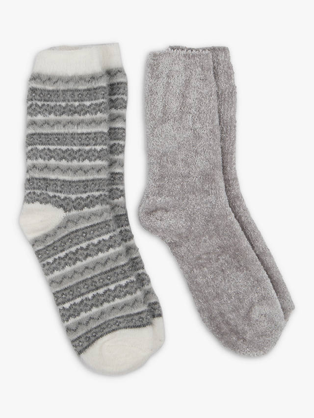 totes Fairisle and Chenille Supersoft Bed Socks, Pack of 2, Fairisle/Grey