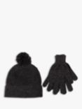 totes Classic Knitted Bobble Hat and Gloves Set, Black/Grey