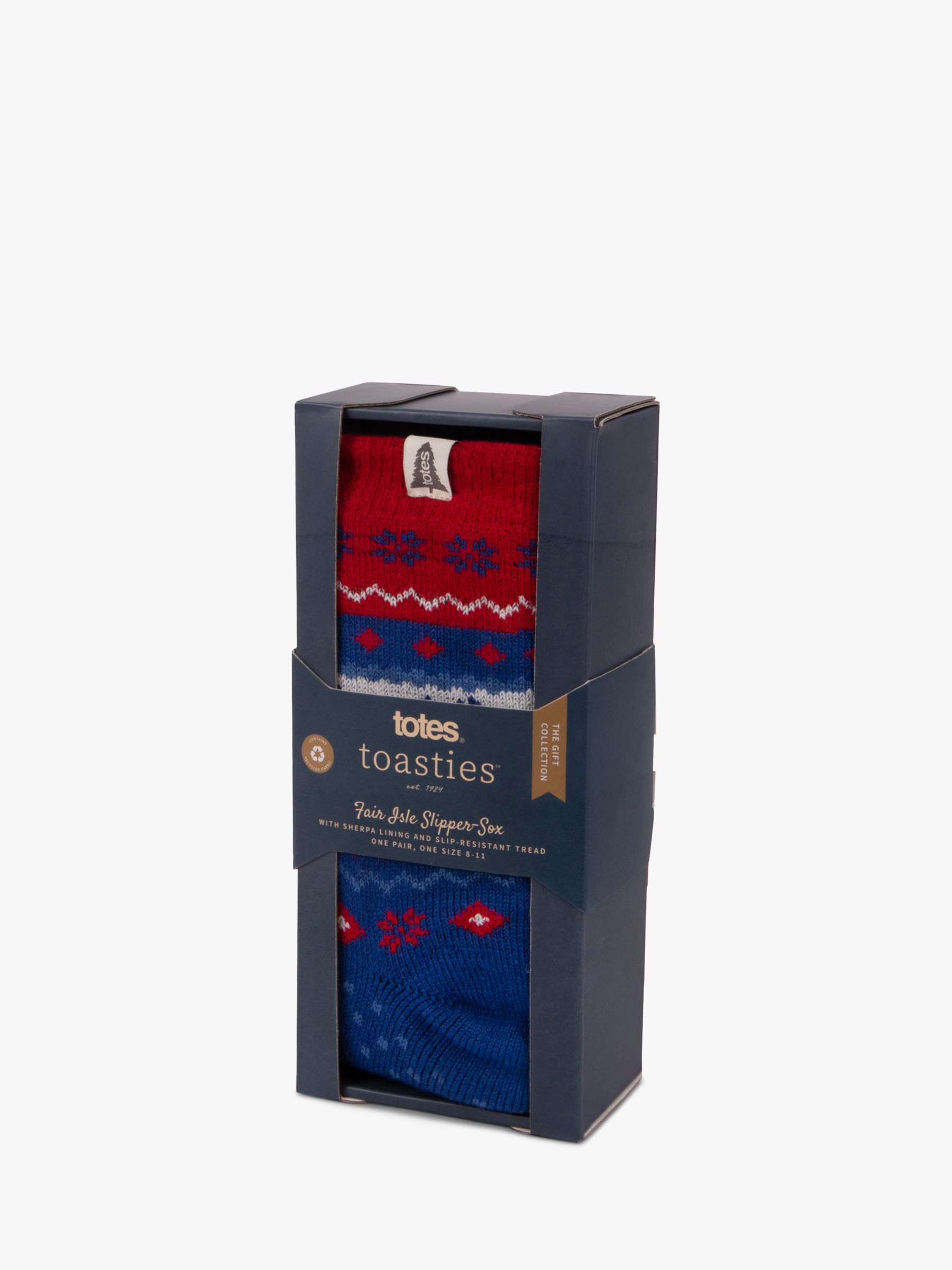 totes toasties Fair Isle Slipper Socks, Blue/Red/White, One Size
