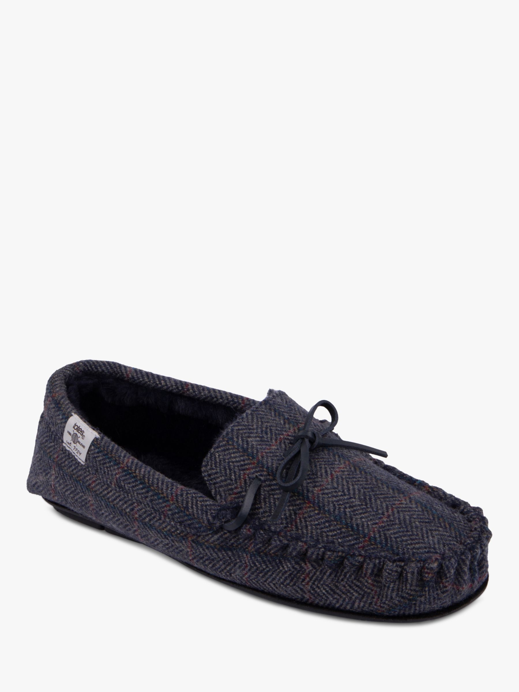 totes Herringbone Moccasin Style Wool Blend Slippers, Navy/Multi, S