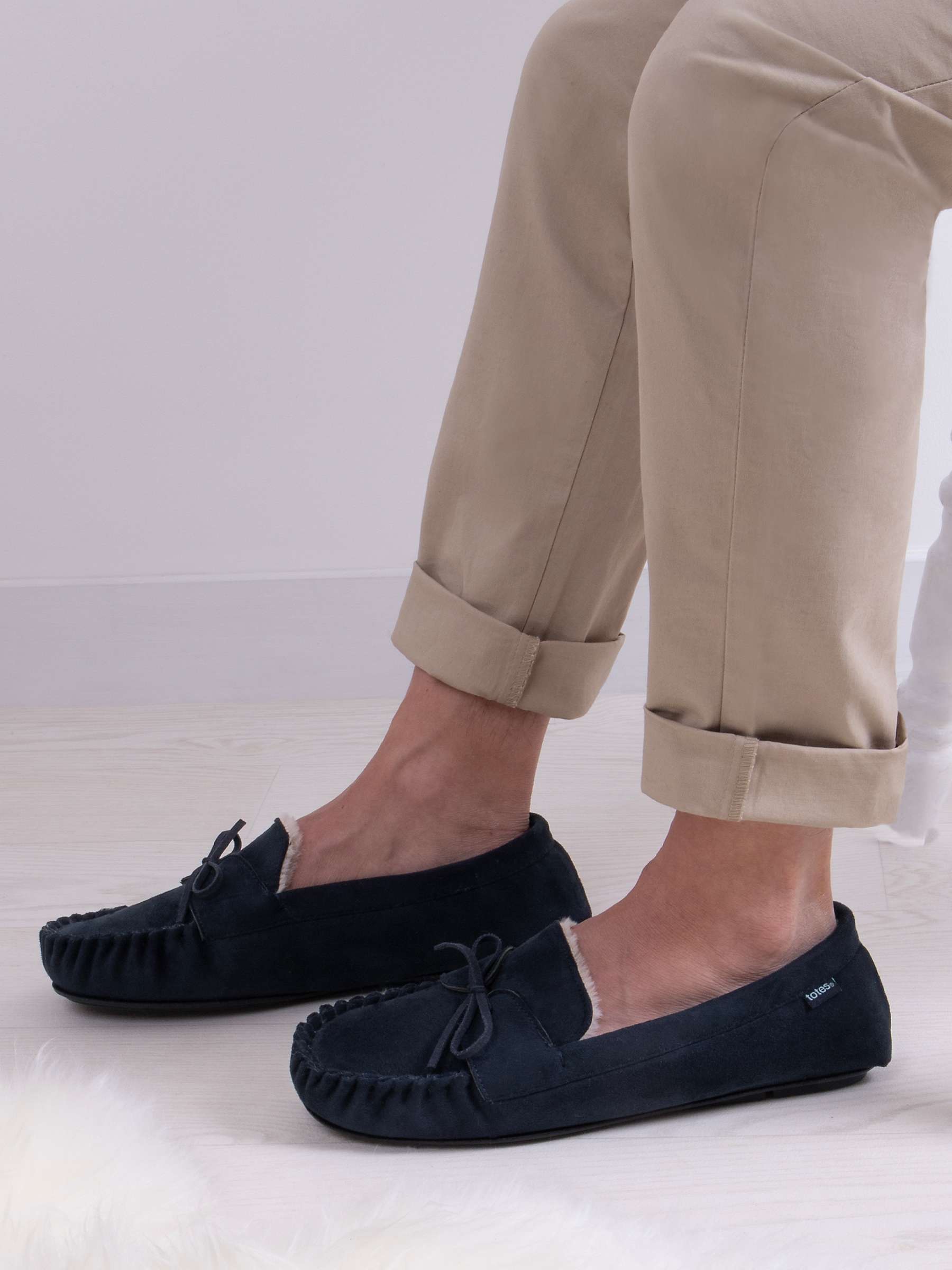 Buy totes Moccasin Style Faux Fur Lining Slippers, Navy Online at johnlewis.com