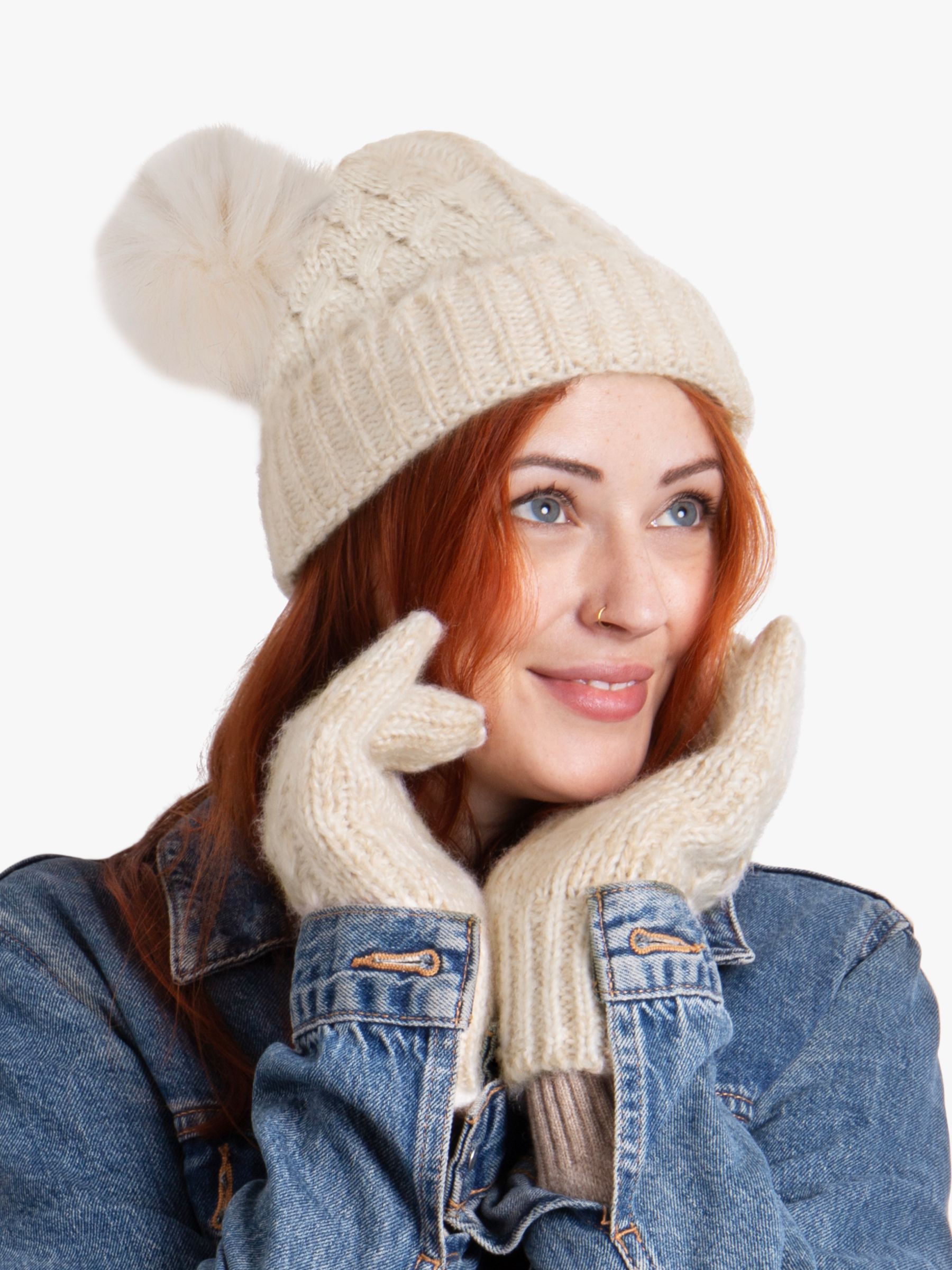 totes Cable Knit Hat and Glove Set, Oat, One Size