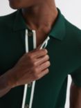 Reiss Icon Stripe Knitted Button Through Short Sleeve Shirt, Dark Green