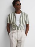 Reiss Tortolli Knitted Cuban Stripe Short Sleeve Shirt, Ecru/Sage