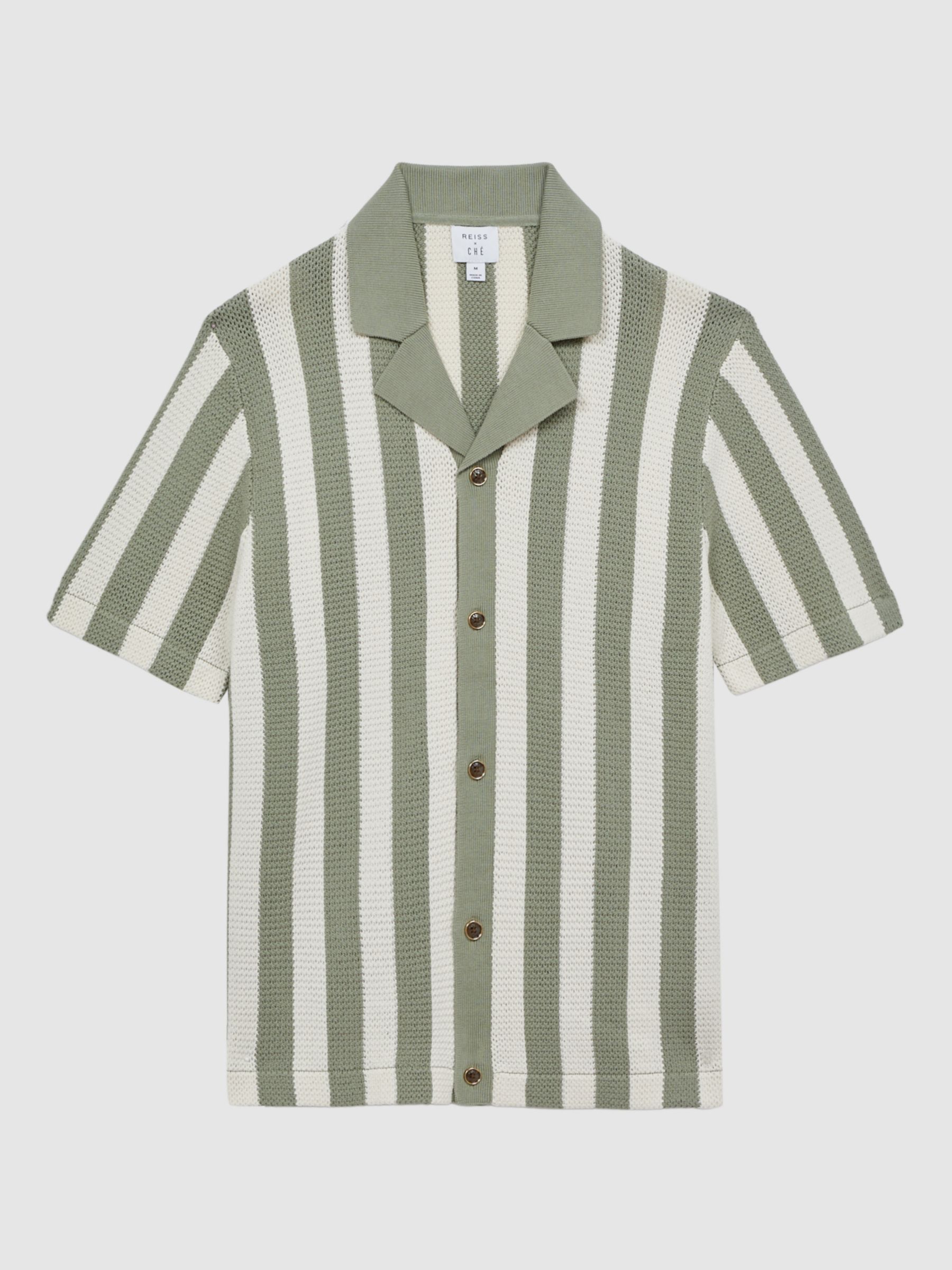 Reiss Tortolli Knitted Cuban Stripe Short Sleeve Shirt, Ecru/Sage