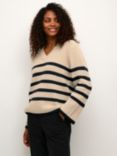 KAFFE Irina V-Neck Stripe Jumper, Sand Dollar/Black