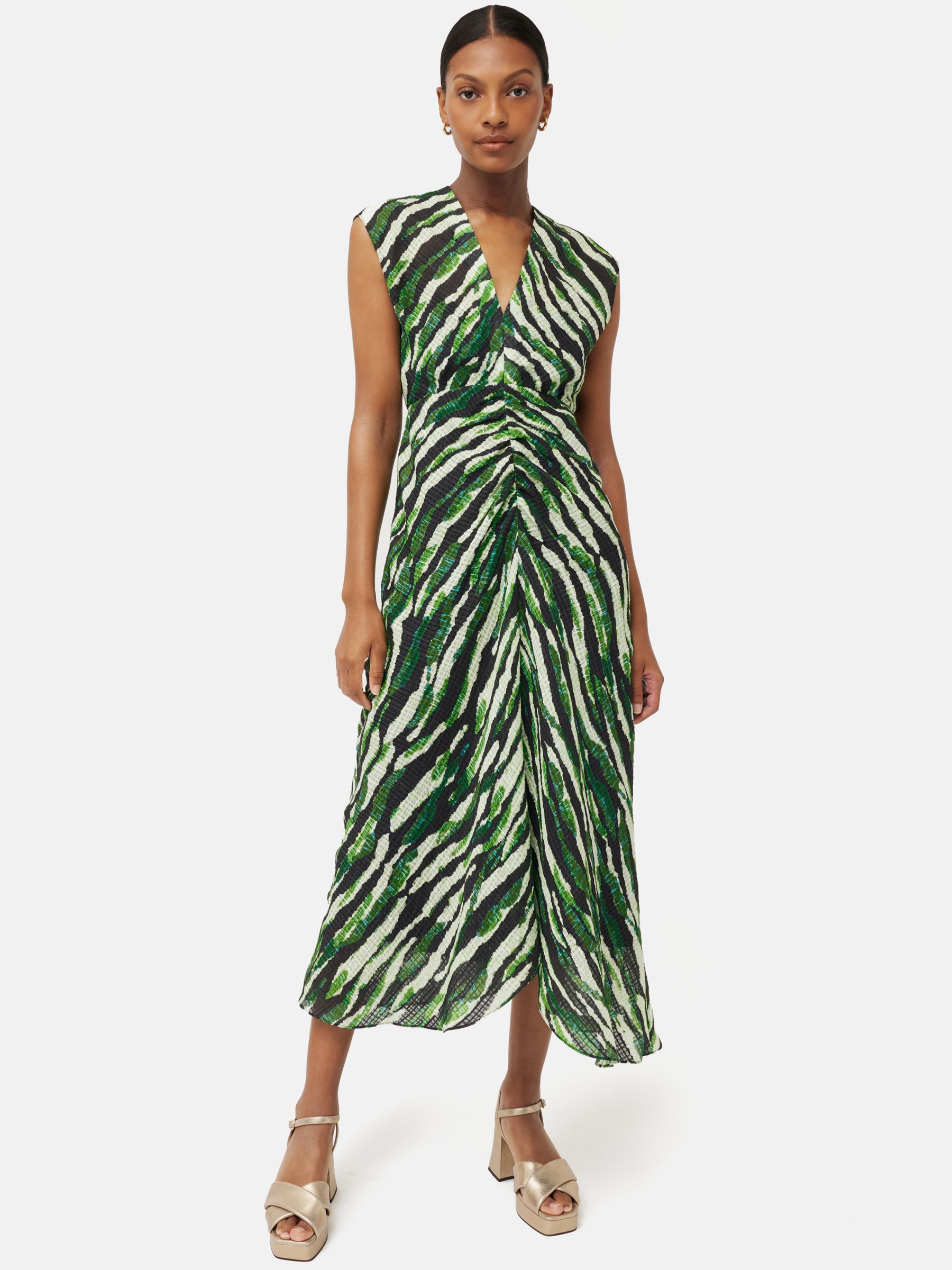 Jigsaw Abstract Zebra Print Linen and Silk Midi Dress, Green/Multi at ...