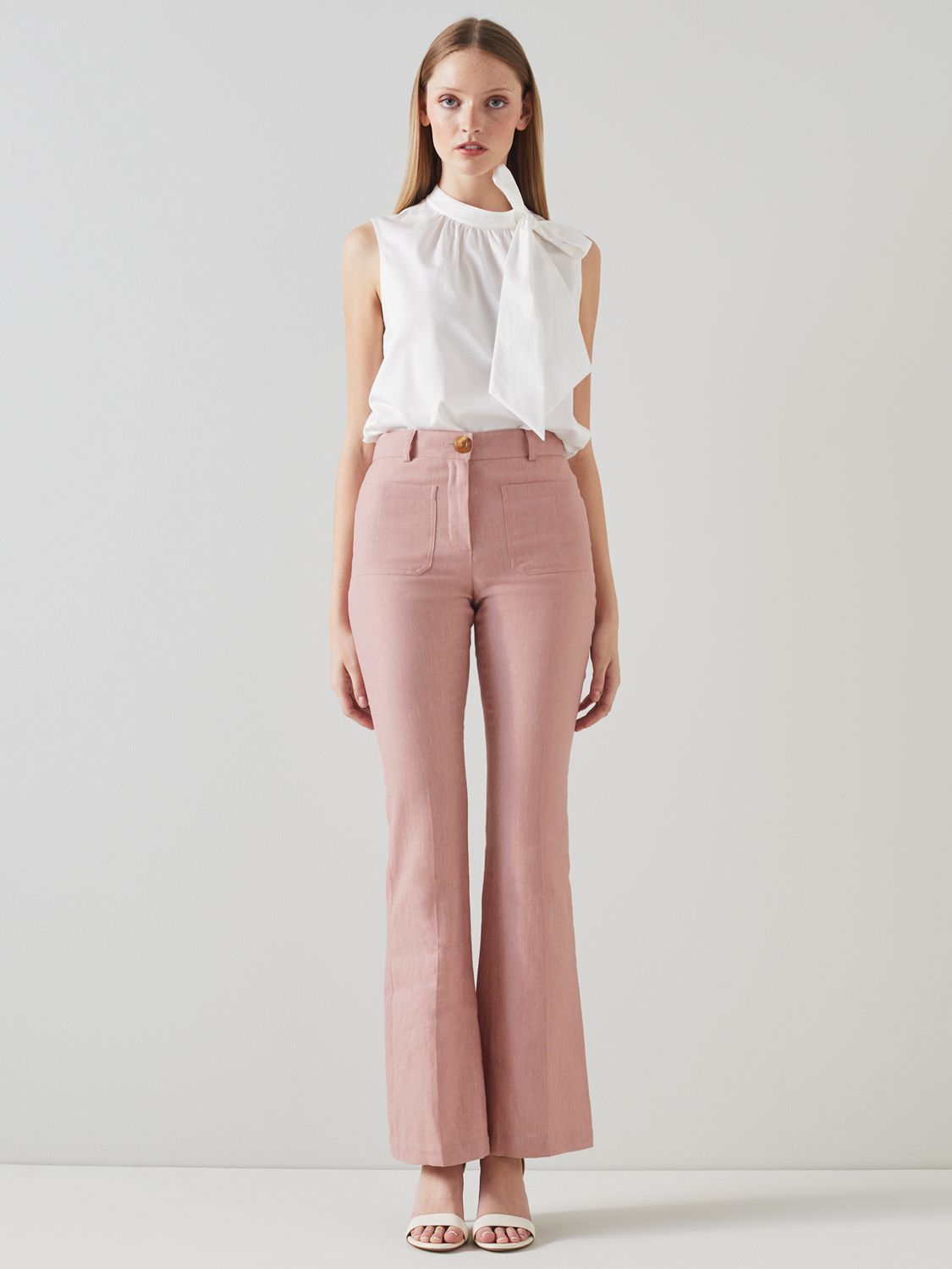 L.K.Bennett Avery Fleck Linen Blend Flared Trousers, Pink, 6