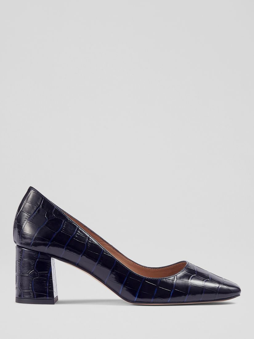 L.K.Bennett Sally Block Heel Leather Court Shoes, Navy, 3