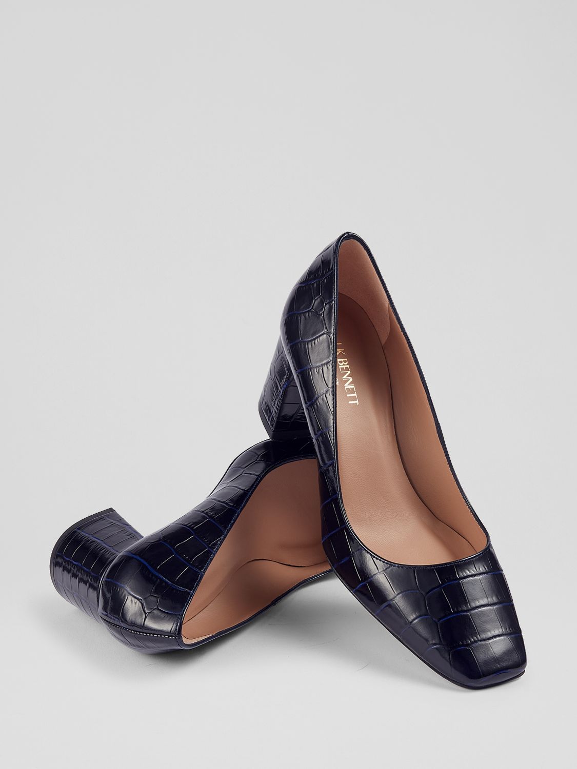 L.K.Bennett Sally Block Heel Leather Court Shoes, Navy, 3