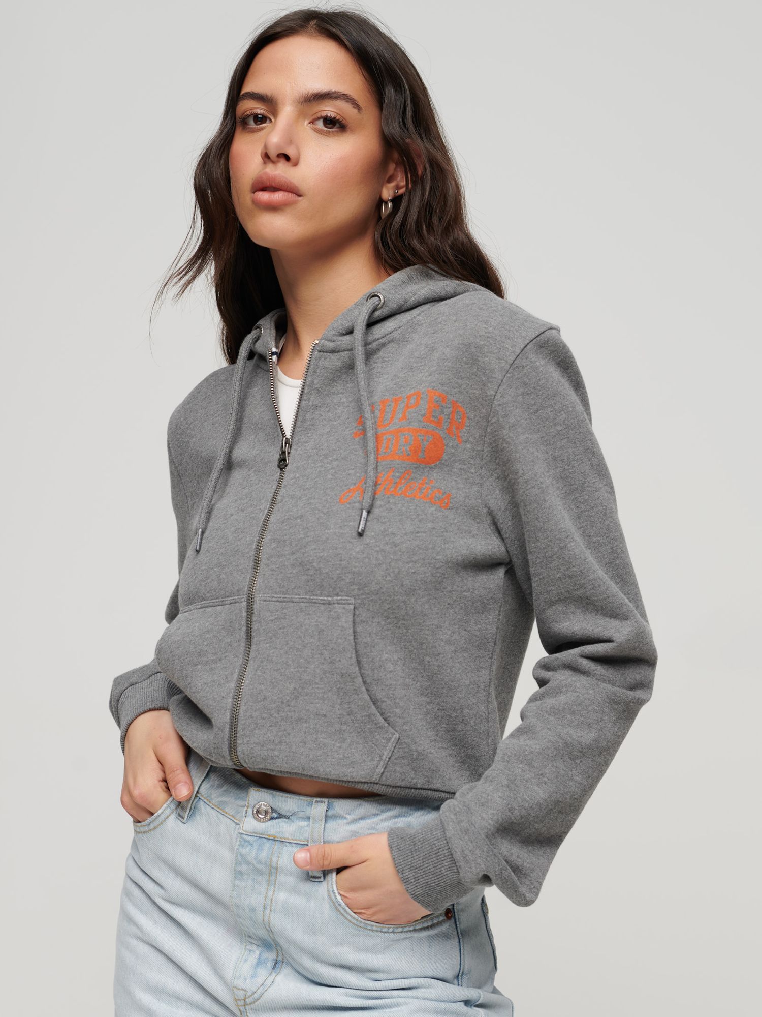 Superdry Athletic Essential Crop Zip Hoodie, Dark Grey Marl