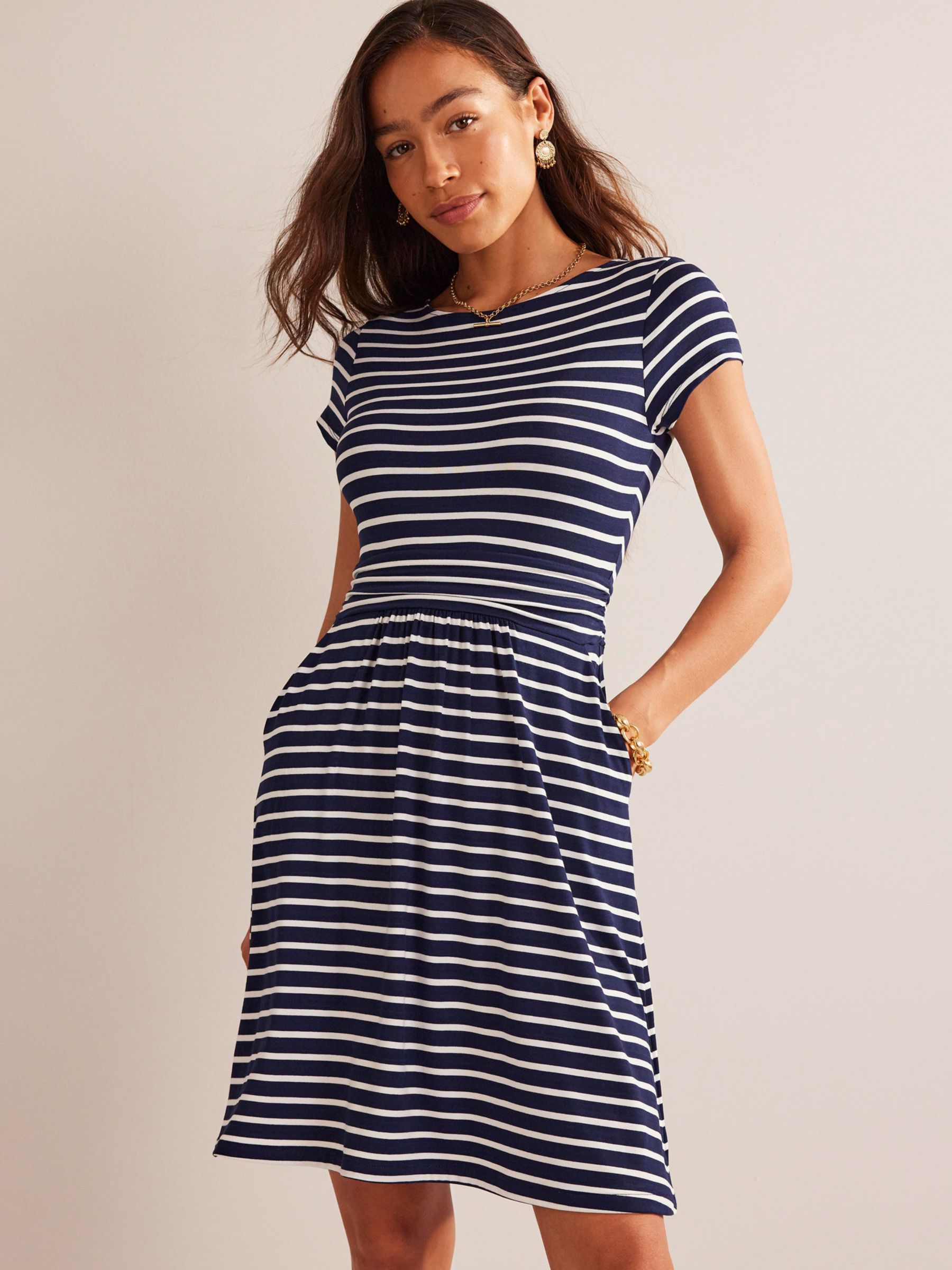 Boden Amelie Stripe Jersey Dress, Navy/Ivory, 8
